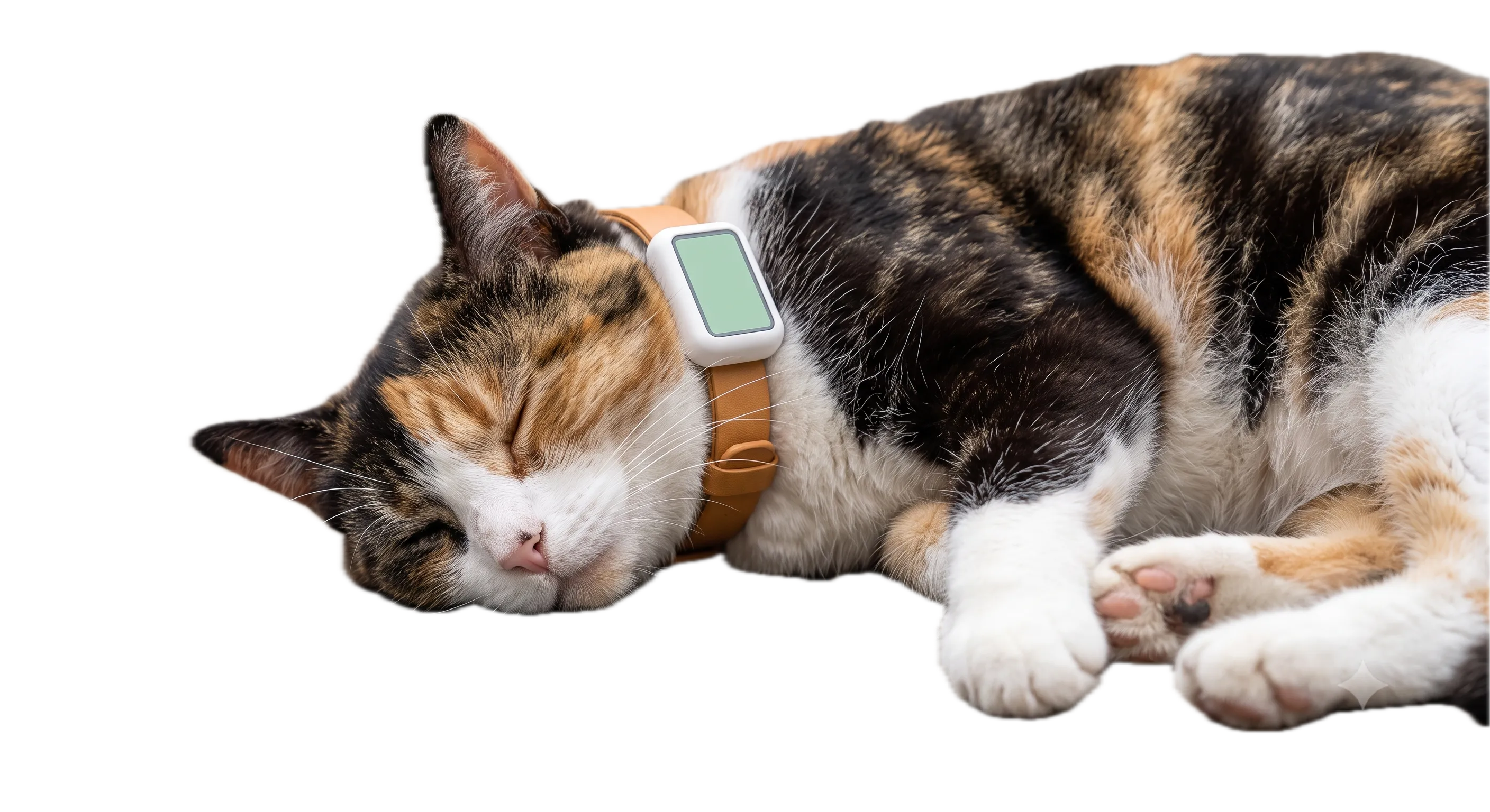 MiFu tasmasıyla uyuyan üç renkli bir kedi